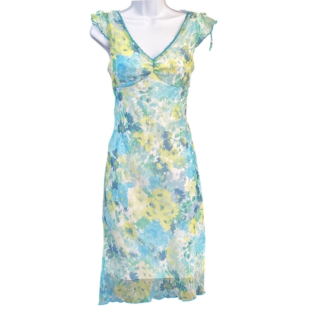 Vintage 90s Byer Too Floral Mesh Dress Y2K Cottagecore Fairycore Ethereal Garden